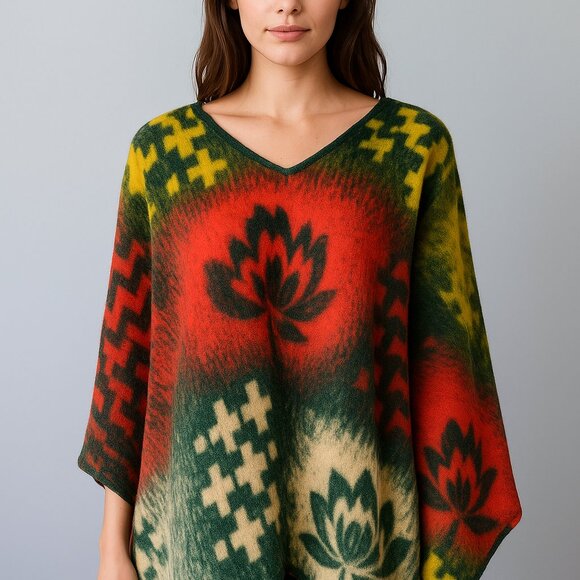 Vintage Wool Blanket Poncho/ 60's Airbrushed Stencil Print Wool/ L-XL - Picture 10 of 10